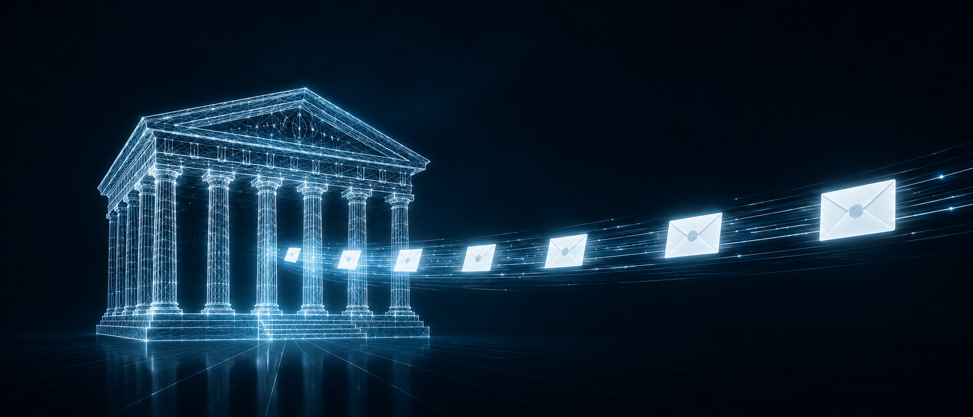 Edificio institucional de columnas dibujado en luz con un flujo de sobres oficiales luminosos