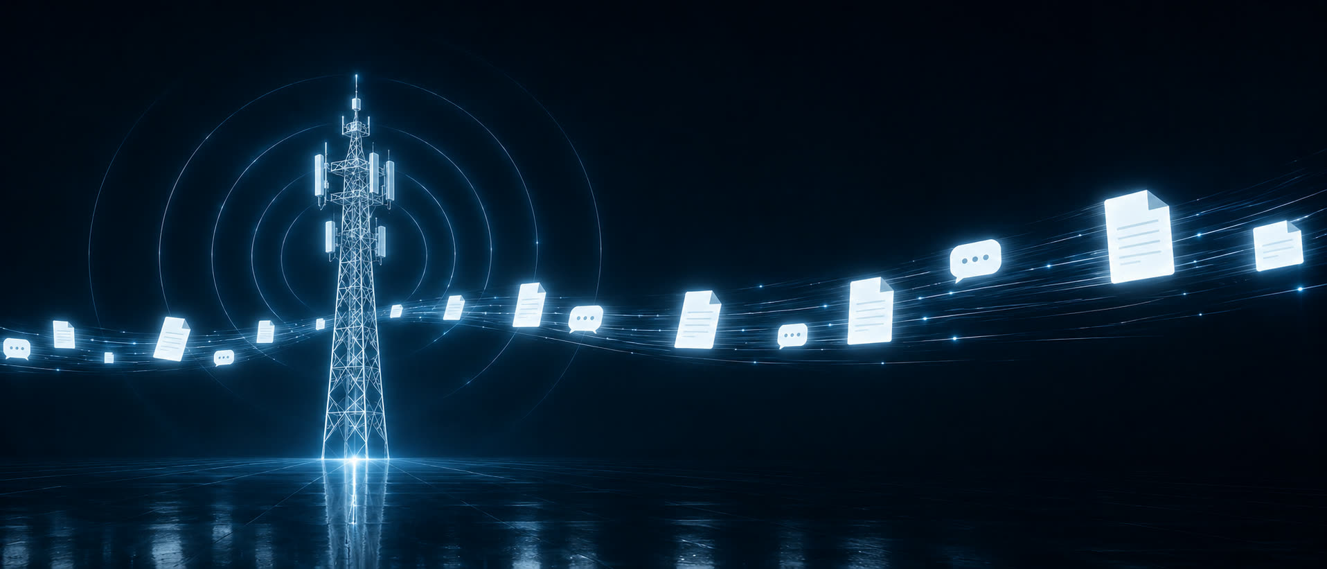 Antena de telecomunicaciones de luz emitiendo ondas con facturas y mensajes luminosos