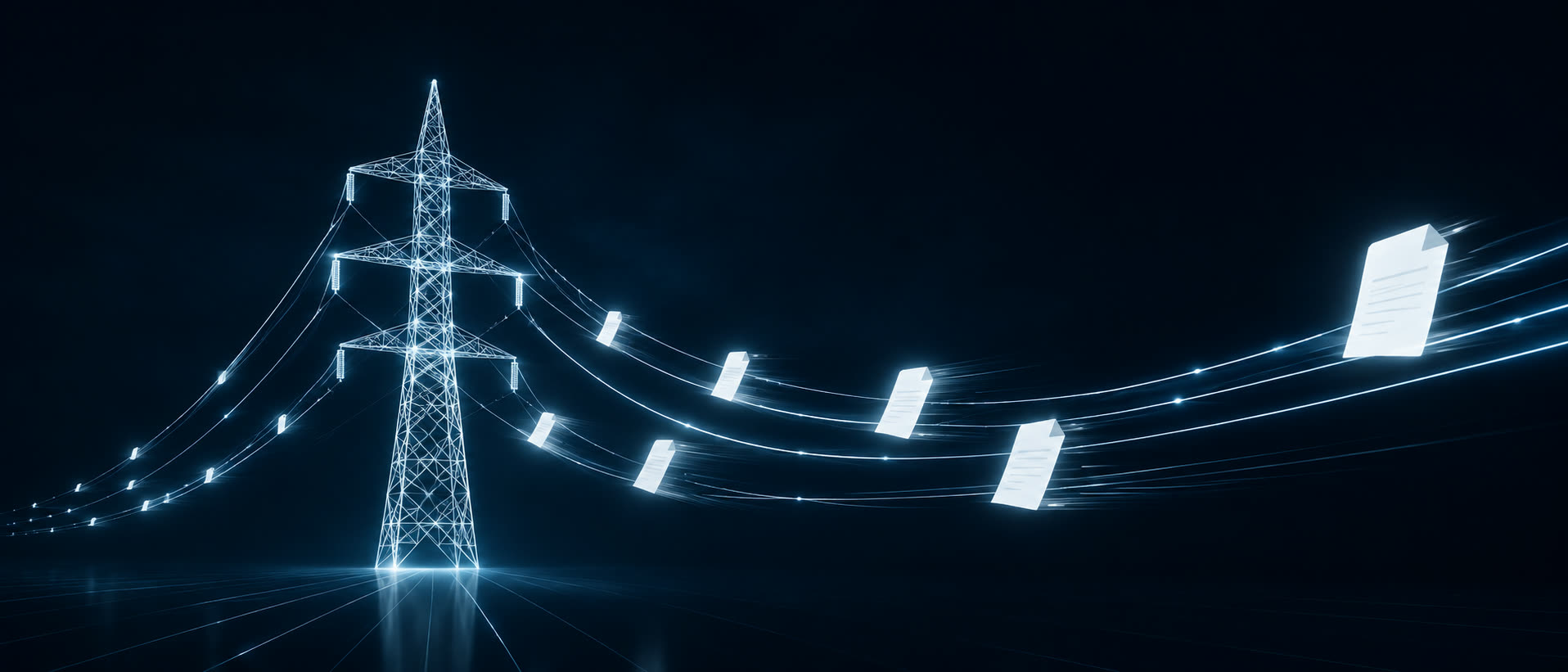 Torre eléctrica dibujada en líneas de luz con facturas luminosas circulando por sus cables