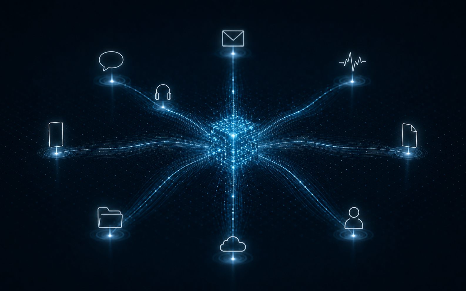 Un núcleo de datos luminoso se distribuye en flujos de luz hacia los canales digitales