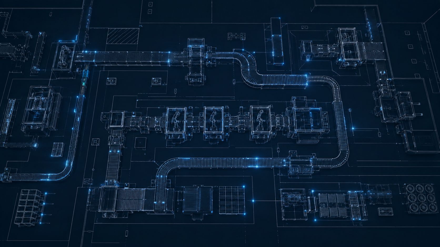 Planta de producción industrial representada como plano técnico de líneas luminosas